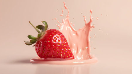 strawberry in milk splash on a light background. 3d renderingの素材