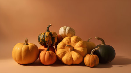 Autumn pumpkins on a brown background. 3d render.の素材