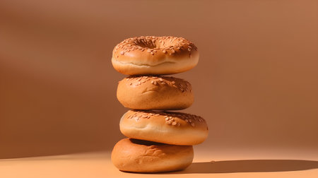 stack of three bagels with sesame seeds on a brown backgroundの素材