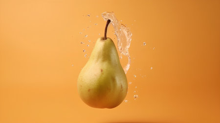 Fresh pear with water splash on orange background. Healthy food concept.の素材