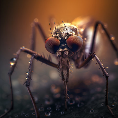 Macro photo of a fly on a dark background with water dropsの素材