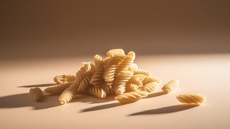 Fusilli pasta on a light brown background, close-upの素材