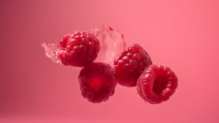 Raspberries in ice cube on pink background. 3d illustrationの素材