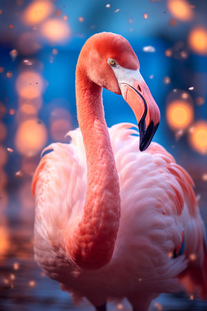 Pink flamingo closeup portrait on blurred background with bokehの素材