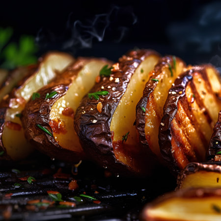 Roasted potatoes with herbs and spices on a black background. Selective focus.の素材