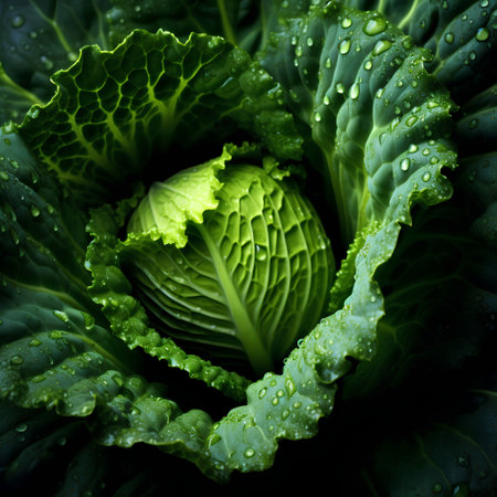 Fresh green cabbage with dew drops close up. Selective focus.の素材