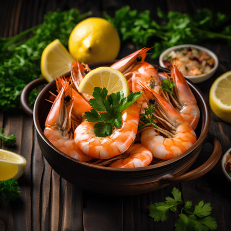 Boiled shrimps with lemon and parsley on wooden backgroundの素材