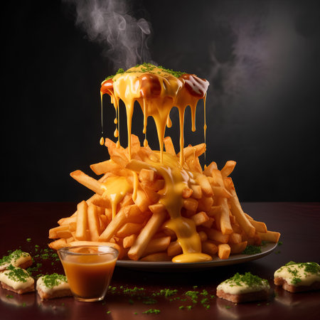 Golden French fries with melted cheese and sauce on a black background.の素材