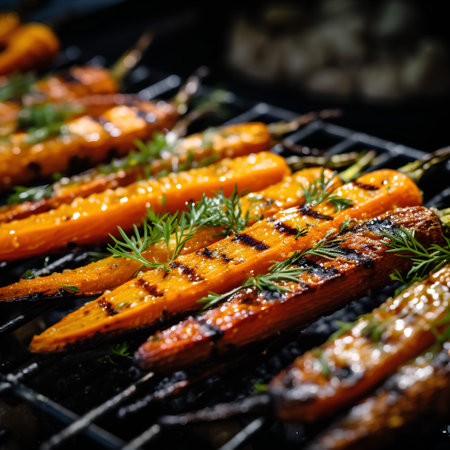 Roasted carrots with rosemary on the grill. Shallow dof.の素材