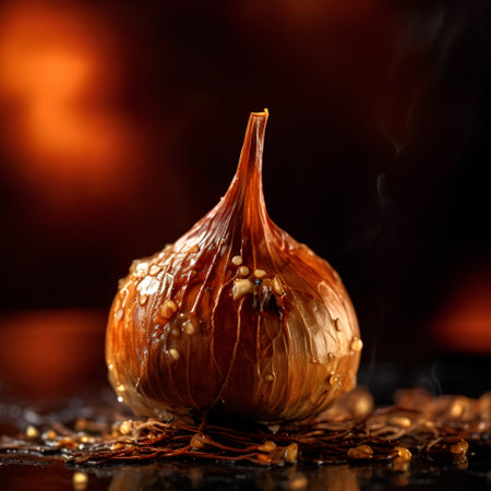 Bulb of garlic on a black reflective surface. Selective focus.の素材