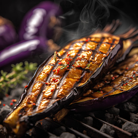 Grilled aubergine with spices and herbs on a barbecue grillの素材