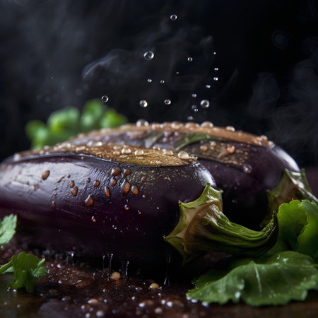 Eggplant with water drops on a dark background. Selective focus.の素材