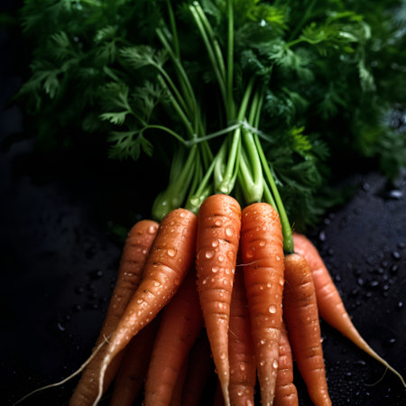 Bunch of fresh carrots with green leaves on black background, closeupの素材
