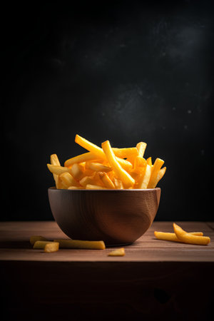 Golden French fries potatoes in wooden bowl on wooden table with black backgroundの素材
