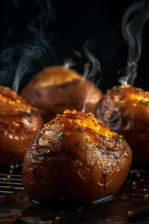 Baked sweet potato with honey and spices on a black background.の素材