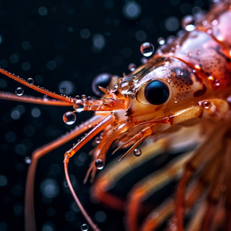 Macro shot of a Shrimp with water drops on black backgroundの素材