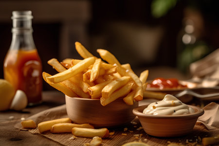 French fries with mayonnaise and ketchup on a wooden tableの素材