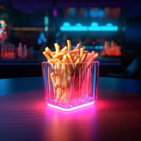 Crispy french fries in a glass bowl. 3d renderingの素材