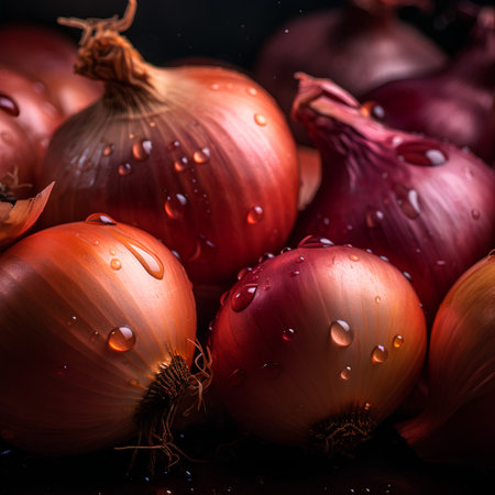 Fresh red onion with water drops on dark background. Close up.の素材