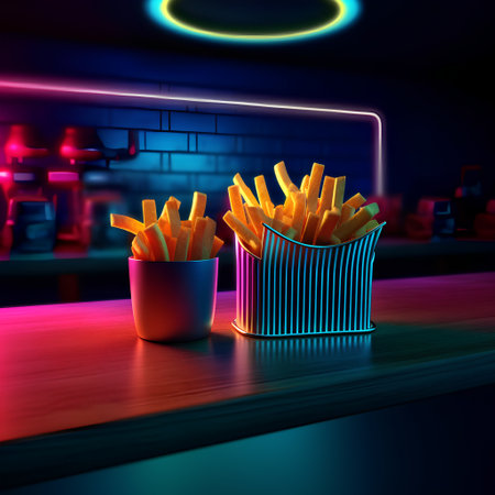 French fries in a basket on the bar counter. 3d renderingの素材