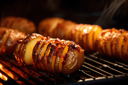 Baked potatoes on the grill. Shallow depth of field.の素材