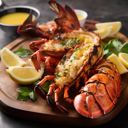 Delicious lobster tail with lemon and herbs on a wooden board.の素材