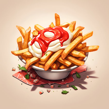 French fries with sour cream and ketchup in bowl, vector illustrationの素材