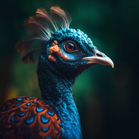 Portrait of a beautiful peacock with blue feathers in the forestの素材