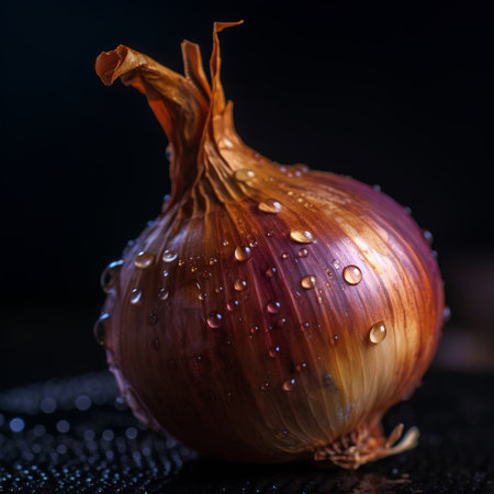onion on a dark background with drops of water, close-upの素材