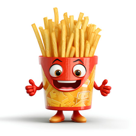 Cartoon character of french fries with thumbs up gesture on white backgroundの素材