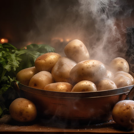 Potatoes in a copper bowl with steam on a wooden table.の素材