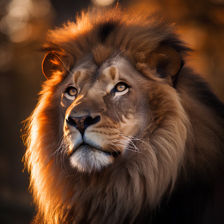 Portrait of a big male lion in the wild at sunset.の素材