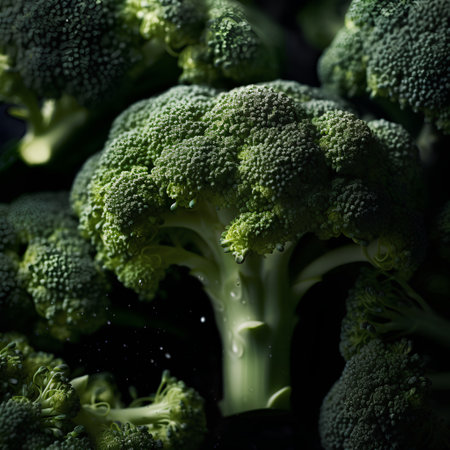 Close up of fresh green broccoli on black background with water drops.の素材