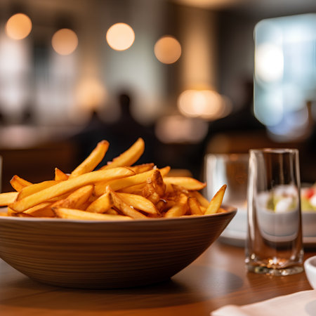 French fries in a plate on a wooden table in a restaurant.の素材