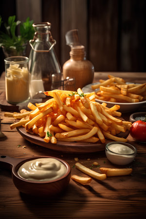 French fries with sour cream and mayonnaise on a wooden tableの素材