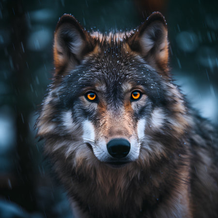 Close-up portrait of a wolf in the forest at night.の素材