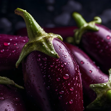 Fresh eggplants with water drops on dark background. Selective focus.の素材