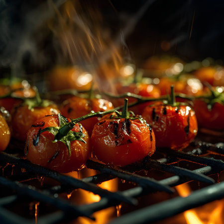 Cherry tomatoes on the grill with flames. Selective focus.の素材