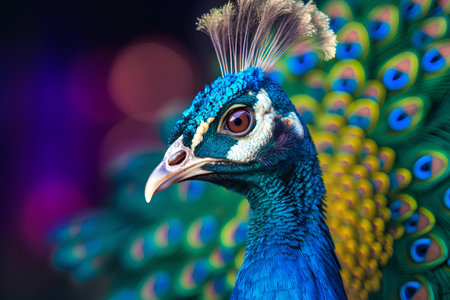 Portrait of beautiful peacock with colorful feathers on dark background.の素材