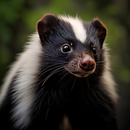 Close-up portrait of a black and white baby skunk.の素材