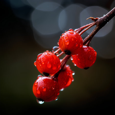 Red berries of hawthorn covered with raindrops on a dark backgroundの素材