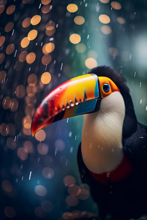 Toucan bird in rain with bokeh lights background.の素材