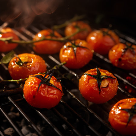 Cherry tomatoes on the grill with smoke. Selective focus.の素材