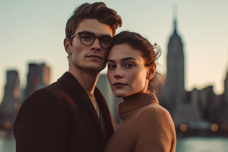 Beautiful young couple in love posing in New York at sunset.の素材
