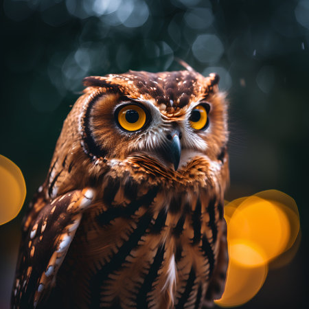 Beautiful owl portrait with bokeh background, square format.の素材