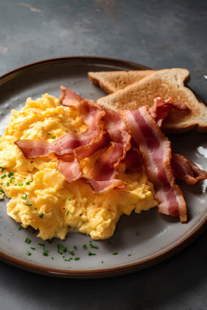 Scrambled eggs with bacon and toasted bread, selective focus imageの素材