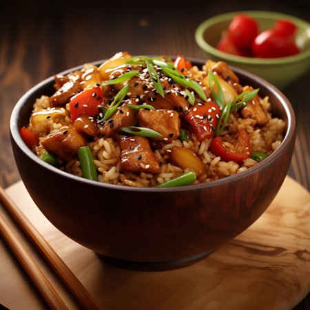 Rice with chicken, vegetables and sesame seeds in wooden bowlの素材