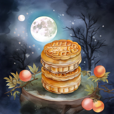 Watercolor illustration of a stack of round cakes in the moonlightの素材