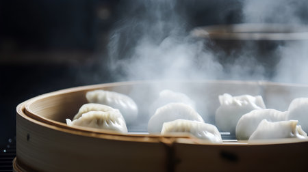 Chinese steamed dumplings in bamboo steamer on black backgroundの素材