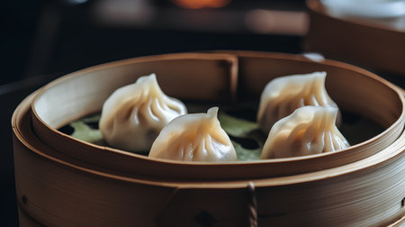 Chinese dim sum in bamboo steamer, chinese cuisine, selective focusの素材